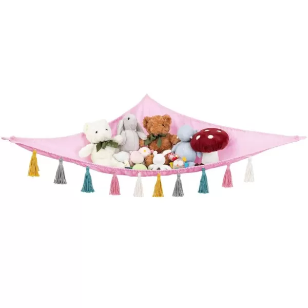 Mkono Stuffed Animal Toy Hammock Hanging Macrame Stuff Animals Organizer Storage with Colorful Tassels Boho Large Corner Plush Toys Net Holder for Nursery Play Room Bedroom Kid Room Small PinkPink