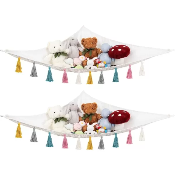 Mkono Stuffed Animal Toys Hammock Boho Hanging Stuff Animals Storage Organizer with Decorative Tassels Corner Large Capability Toy Net Holder for Nursery Playroom Kids Room Bedroom 2 Pieces Small
