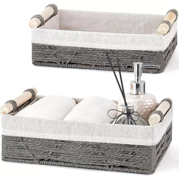 Mkono Woven Storage Basket Wicker Baskets for Organizing Toilet Paper Decorative Bins with Handle for Toilet Tank Top Countertop Shelves Decor for Bedroom Living Room Apartment Set of 2 Grey