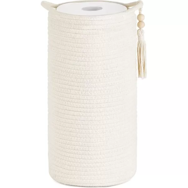 Mkono Woven Toilet Paper Holder Boho Basket for Toilet Paper Storage Bathroom Decor Toilet Roll Holder Stand with Wooden Beads for 3 Spare Rolls Cotton Rope Toilet Paper Organizer Basket with Handle