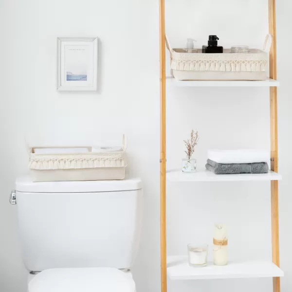 Mkono 2 Pack Storage Baskets for Bathroom Closet Shelf Boho Decor Small Storage Bins with Tassels Cute Rectangular Organizers with Handles for Bedroom Nursery Dorm Ivory 1338quotL x 63quotW x 39quotH