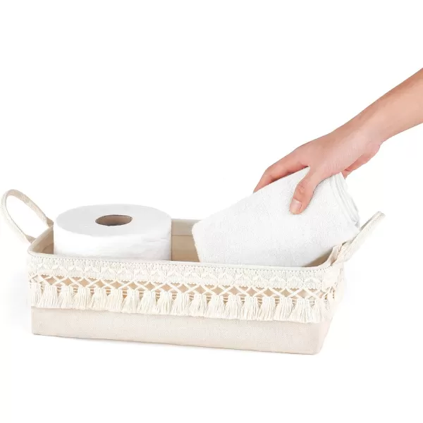 Mkono 2 Pack Storage Baskets for Bathroom Closet Shelf Boho Decor Small Storage Bins with Tassels Cute Rectangular Organizers with Handles for Bedroom Nursery Dorm Ivory 1338quotL x 63quotW x 39quotH