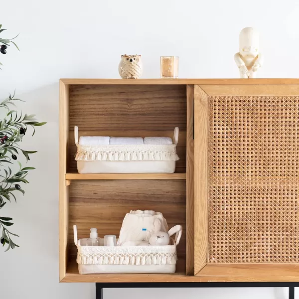 Mkono 2 Pack Storage Baskets for Bathroom Closet Shelf Boho Decor Small Storage Bins with Tassels Cute Rectangular Organizers with Handles for Bedroom Nursery Dorm Ivory 1338quotL x 63quotW x 39quotH