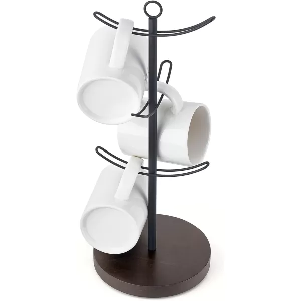Mkono Coffee Mug Tree Counter Coffee Cup Holder with 6 Hooks Stylish Wood Mug Stand Rack for Mugs Tea Cups Organizer Coffee Bar Accessory Countertop Coffee Mug Storage Display Holder Brown