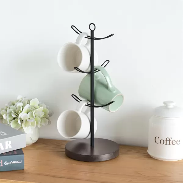 Mkono Coffee Mug Tree Counter Coffee Cup Holder with 6 Hooks Stylish Wood Mug Stand Rack for Mugs Tea Cups Organizer Coffee Bar Accessory Countertop Coffee Mug Storage Display Holder Brown