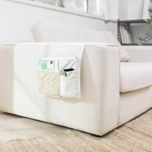 Mkono Couch Bedside Caddy Boho Remote Control Holder Macrame Armrest Storage Sofa Organizer with 4 Pockets for Magazine Books Tablet Sunglasses Cell Phone IPad Home Dorm Room Decor Ivory