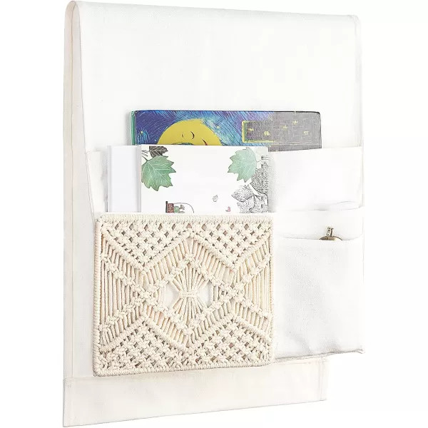 Mkono Couch Bedside Caddy Boho Remote Control Holder Macrame Armrest Storage Sofa Organizer with 4 Pockets for Magazine Books Tablet Sunglasses Cell Phone IPad Home Dorm Room Decor Ivory
