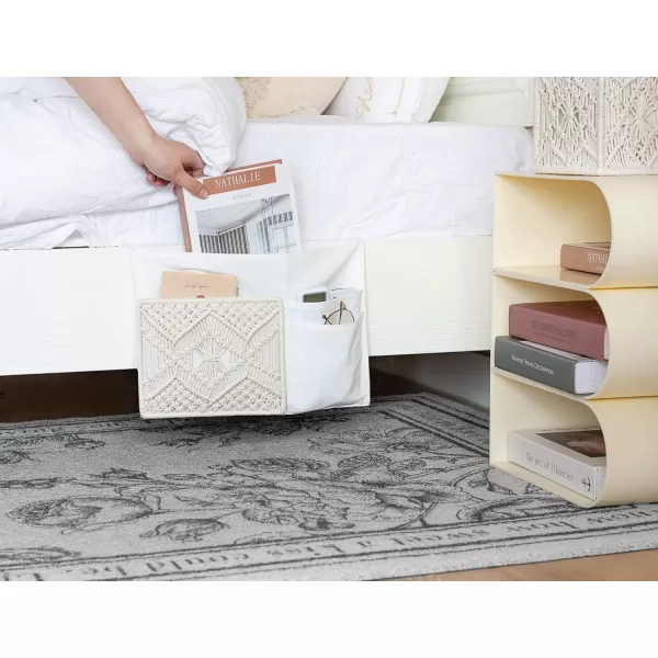 Mkono Couch Bedside Caddy Boho Remote Control Holder Macrame Armrest Storage Sofa Organizer with 4 Pockets for Magazine Books Tablet Sunglasses Cell Phone IPad Home Dorm Room Decor Ivory