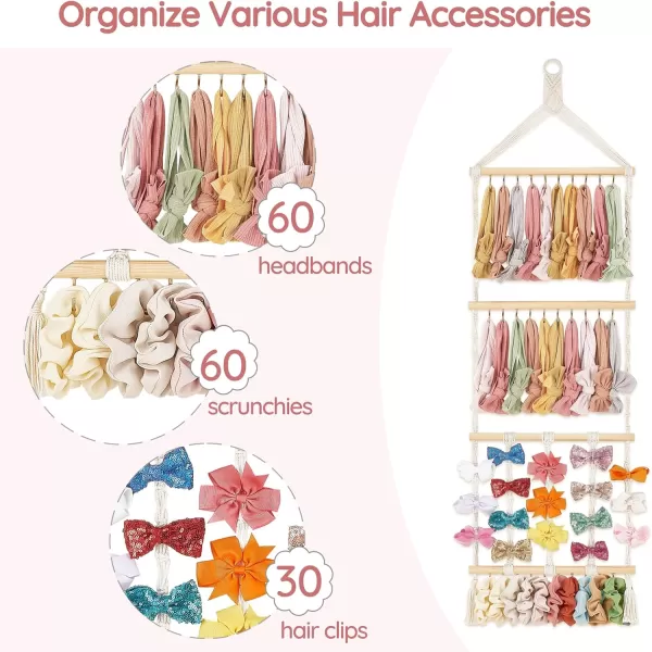 Mkono Headband Holder Boho Hair Bow Organizer for Girls Macrame Bow Hanger with 30 Hooks Bow Holder for Nursery Babys Room Hair Accessories Organizer Wall Hanging Decor for Bedroom Bathroom