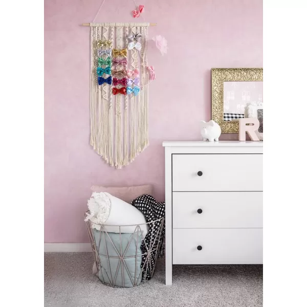 Mkono Macrame Bow Holder Hanging Hair Bow Organizer for Girls Hair BowsBoho Wall Hair Clips Headband Storage Hanger for Baby Toddler Girls Room Ivory Clips and Other Props Not Included