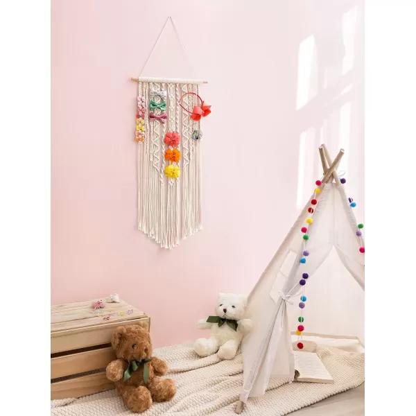 Mkono Macrame Bow Holder Hanging Hair Bow Organizer for Girls Hair BowsBoho Wall Hair Clips Headband Storage Hanger for Baby Toddler Girls Room Ivory Clips and Other Props Not Included