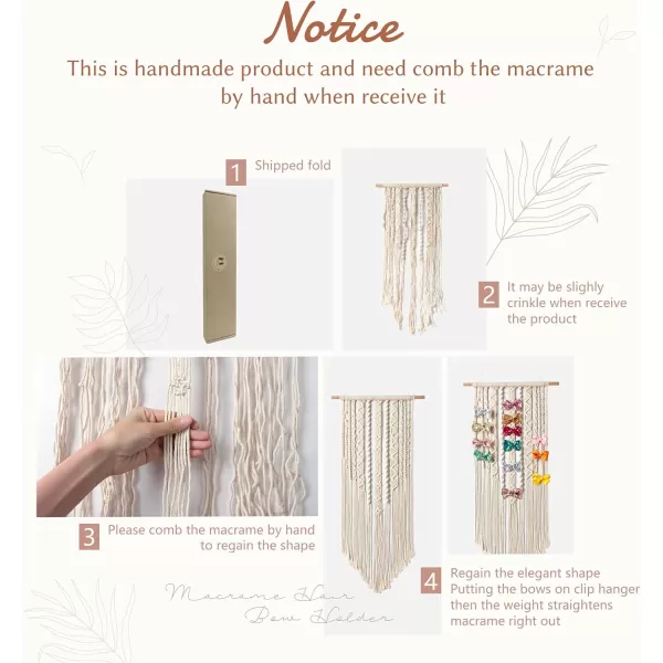Mkono Macrame Bow Holder Hanging Hair Bow Organizer for Girls Hair BowsBoho Wall Hair Clips Headband Storage Hanger for Baby Toddler Girls Room Ivory Clips and Other Props Not Included