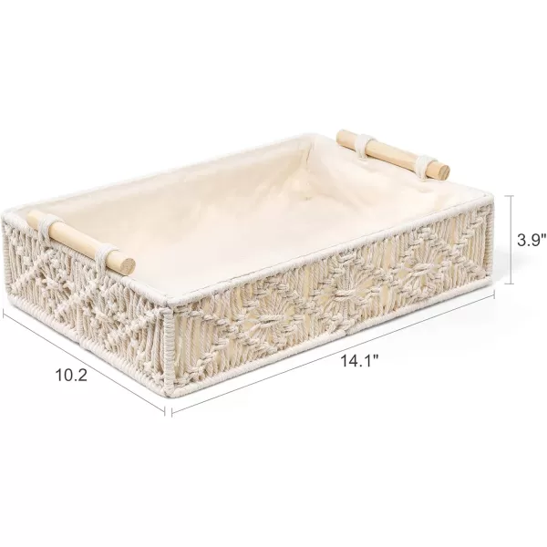Mkono Macrame Decorative Tray Boho Home Decor Basket with Wooden Handles Handmade Woven Jewelry Perfume Makeup Storage Organizer for Vanity Dresser Countertop Bedroom Living Room 14L x 10W