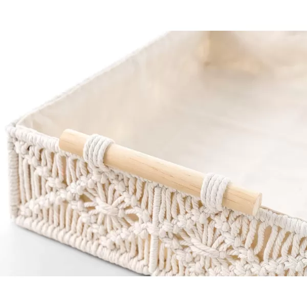 Mkono Macrame Decorative Tray Boho Home Decor Basket with Wooden Handles Handmade Woven Jewelry Perfume Makeup Storage Organizer for Vanity Dresser Countertop Bedroom Living Room 14L x 10W