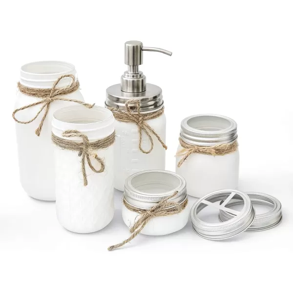 Mkono Mason Jar Bathroom Accessories Set White Mason Jars Bathroom Organizer Include Liquid Soap DispenserCotton SwabTissueToothbrush HolderRustic Country Countertop Fall Decor 5 Piece White