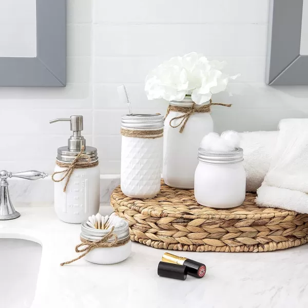 Mkono Mason Jar Bathroom Accessories Set White Mason Jars Bathroom Organizer Include Liquid Soap DispenserCotton SwabTissueToothbrush HolderRustic Country Countertop Fall Decor 5 Piece White