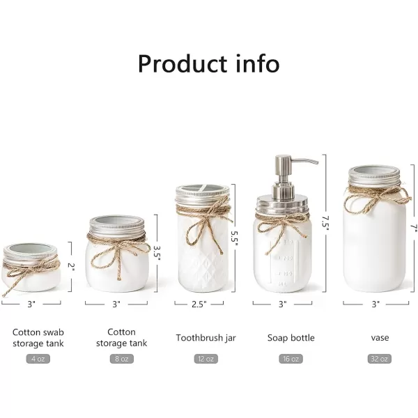 Mkono Mason Jar Bathroom Accessories Set White Mason Jars Bathroom Organizer Include Liquid Soap DispenserCotton SwabTissueToothbrush HolderRustic Country Countertop Fall Decor 5 Piece White