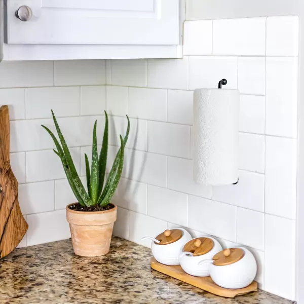 Mkono Paper Towel Holder Wall Mount Black Under Cabinet Mounted Paper Towels Holder for Kitchen Metal Paper Roll Holder Towel Hanger for Pantry Bathroom