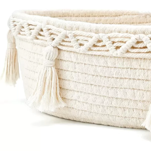 Mkono Small Boho Decor Basket for Bathroom Macrame Cotton Rope Woven Toilet Tank Top Storage Back of Toilet Organizer Tray for Counter Shelf Table Bedroom Living Room Nursery Ivory 1 Pack