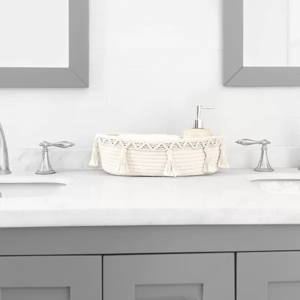 Mkono Small Boho Decor Basket for Bathroom Macrame Cotton Rope Woven Toilet Tank Top Storage Back of Toilet Organizer Tray for Counter Shelf Table Bedroom Living Room Nursery Ivory 1 Pack