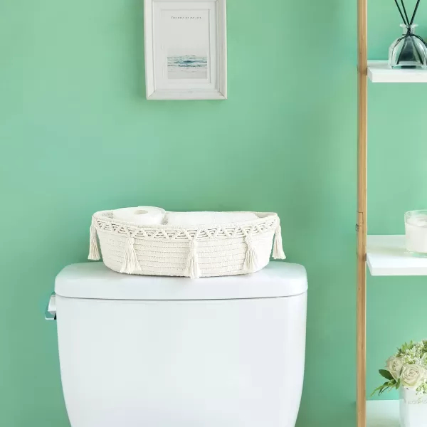 Mkono Small Boho Decor Basket for Bathroom Macrame Cotton Rope Woven Toilet Tank Top Storage Back of Toilet Organizer Tray for Counter Shelf Table Bedroom Living Room Nursery Ivory 1 Pack