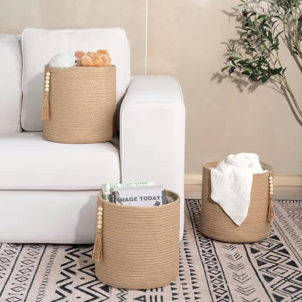 Mkono Storage Baskets Set of 3 Small Woven Cubes Bins Basket Organizer Decorative Wooden Beads Tassel 11quot Jute Rope Shelf Baskets Home Decor for Living Room Closet Organizing Nursery Bedroom