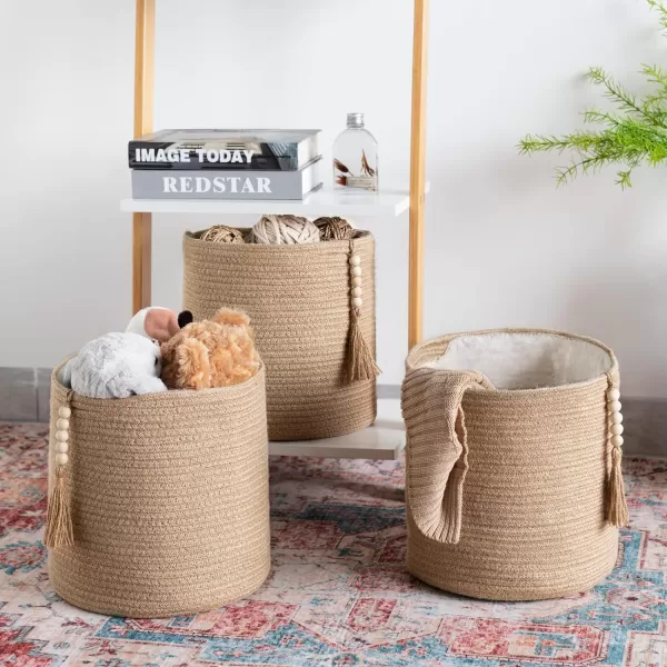 Mkono Storage Baskets Set of 3 Small Woven Cubes Bins Basket Organizer Decorative Wooden Beads Tassel 11quot Jute Rope Shelf Baskets Home Decor for Living Room Closet Organizing Nursery Bedroom