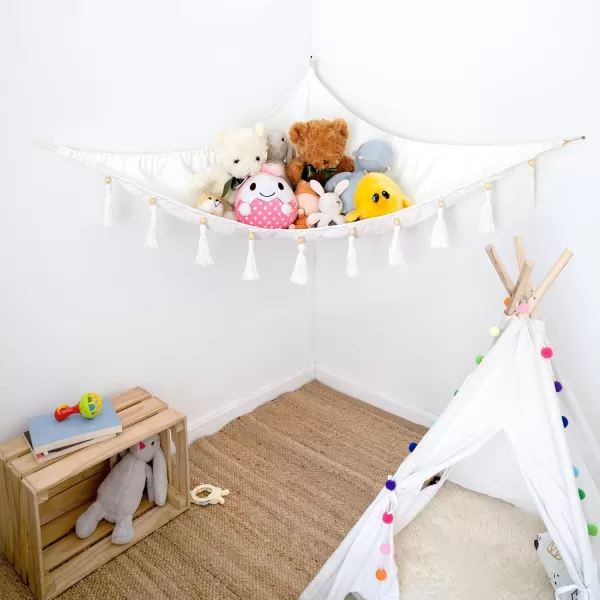 Mkono Stuffed Animal Hammock Corner Hanging Toy Organizer Storage with Tassels Plush Toys Net Holder Nursery Wall Bedroom Play Room Kid Room Decor