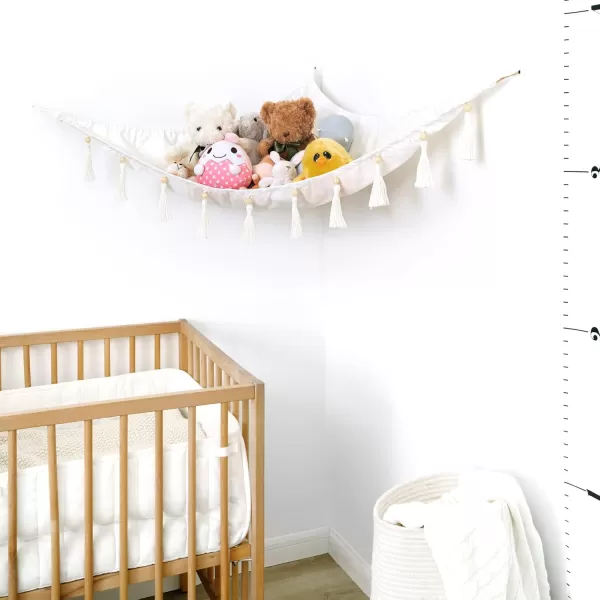 Mkono Stuffed Animal Hammock Corner Hanging Toy Organizer Storage with Tassels Plush Toys Net Holder Nursery Wall Bedroom Play Room Kid Room Decor