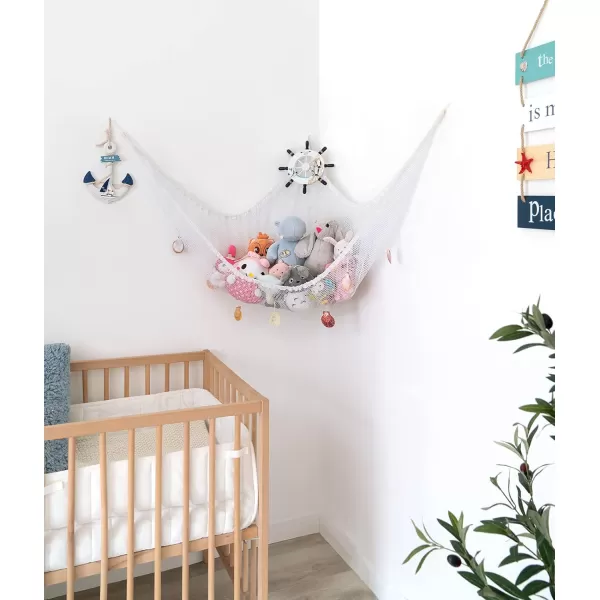 Mkono Stuffed Animal Hammock Toy Storage Nautical Style Hanging Stuff Animals Net Organizer with Shells and Nautical Decor Large Steering Wheel Fishing Toys Net for Nursery Playroom Kids Room