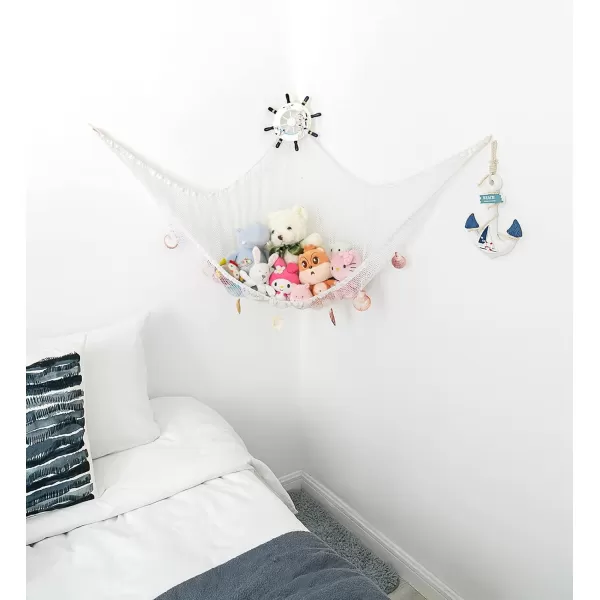 Mkono Stuffed Animal Hammock Toy Storage Nautical Style Hanging Stuff Animals Net Organizer with Shells and Nautical Decor Large Steering Wheel Fishing Toys Net for Nursery Playroom Kids Room