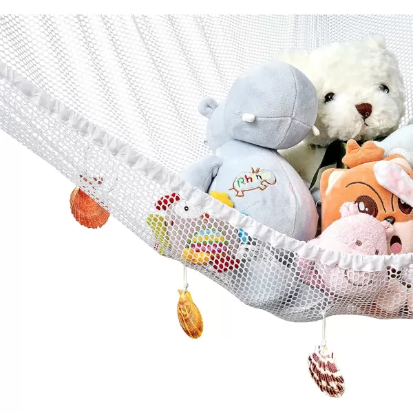 Mkono Stuffed Animal Hammock Toy Storage Nautical Style Hanging Stuff Animals Net Organizer with Shells and Nautical Decor Large Steering Wheel Fishing Toys Net for Nursery Playroom Kids Room