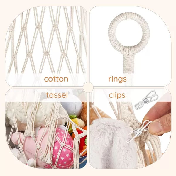 Mkono Stuffed Animal Net or Hammock Macrame OneHook Hanging Toy Storage Holder for Stuffed Animals Boho Decor Plushies Display Organizer Wall and Ceiling Hanging Net for Nursery Kid Room Playroom