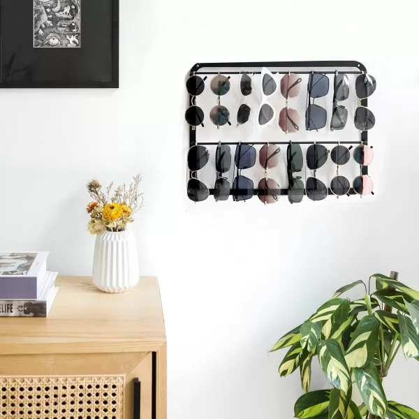Mkono Sunglasses Organizer Hanging Glasses Storage Holder for Wall and Door Metal 2 Tier Eyeglasses Rack Holds Up to 16 Sunglasses Modern Wall Mount Sunglass Eyewear Display Hanger Black
