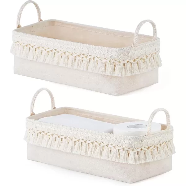 Mkono 2 Pack Storage Baskets for Bathroom Closet Shelf Boho Decor Small Storage Bins with Tassels Cute Rectangular Organizers with Handles for Bedroom Nursery Dorm Ivory 1338quotL x 63quotW x 39quotH
