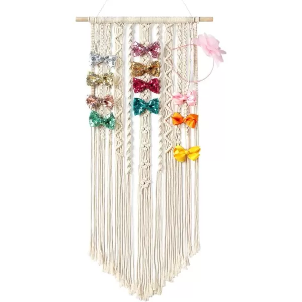 Mkono Macrame Bow Holder Hanging Hair Bow Organizer for Girls Hair BowsBoho Wall Hair Clips Headband Storage Hanger for Baby Toddler Girls Room Ivory Clips and Other Props Not Included