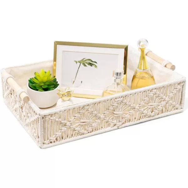 Mkono Macrame Decorative Tray Boho Home Decor Basket with Wooden Handles Handmade Woven Jewelry Perfume Makeup Storage Organizer for Vanity Dresser Countertop Bedroom Living Room 14L x 10W