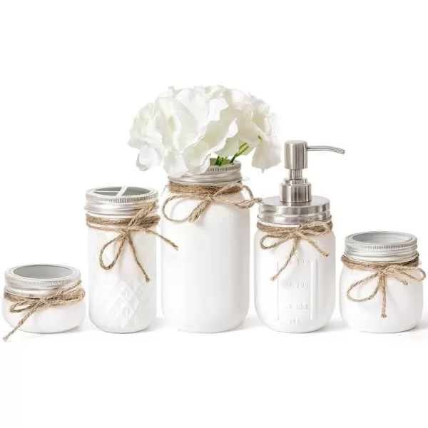 Mkono Mason Jar Bathroom Accessories Set White Mason Jars Bathroom Organizer Include Liquid Soap DispenserCotton SwabTissueToothbrush HolderRustic Country Countertop Fall Decor 5 Piece White