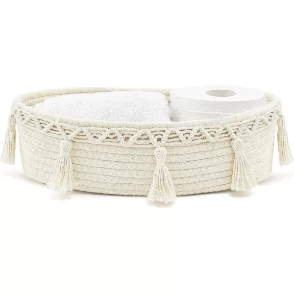 Mkono Small Boho Decor Basket for Bathroom Macrame Cotton Rope Woven Toilet Tank Top Storage Back of Toilet Organizer Tray for Counter Shelf Table Bedroom Living Room Nursery Ivory 1 Pack