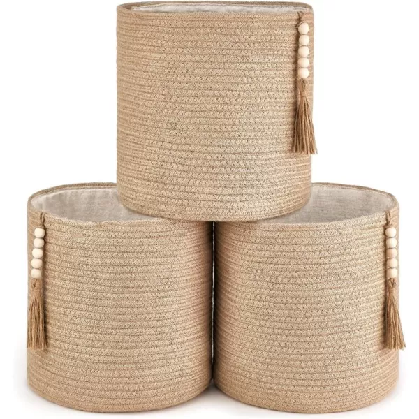 Mkono Storage Baskets Set of 3 Small Woven Cubes Bins Basket Organizer Decorative Wooden Beads Tassel 11quot Jute Rope Shelf Baskets Home Decor for Living Room Closet Organizing Nursery Bedroom
