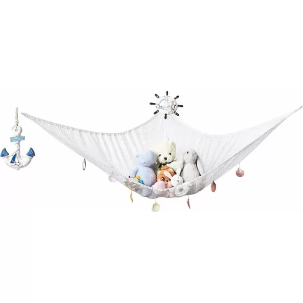 Mkono Stuffed Animal Hammock Toy Storage Nautical Style Hanging Stuff Animals Net Organizer with Shells and Nautical Decor Large Steering Wheel Fishing Toys Net for Nursery Playroom Kids Room