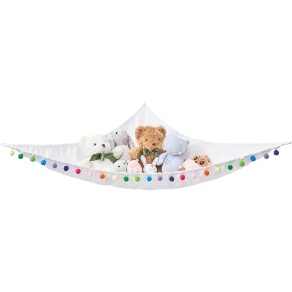 Mkono Stuffed Animal Net or Hammock Hanging Boho Stuff Animals Toy Storage Organizer with Colorful Pom Pom Balls Large Plush Hammock Corner Macrame Toys Holder for Nursery Bedroom Kids Room Small