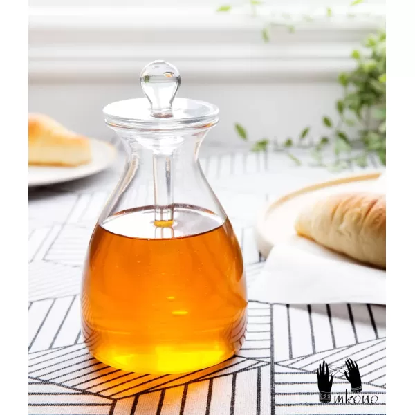 Mkono Honey Dispenser Glass Honey Pot Honey Jar with Dipper Sticks and Lid Cover Honey Containers Holder for Home Kitchen 14 Ounces