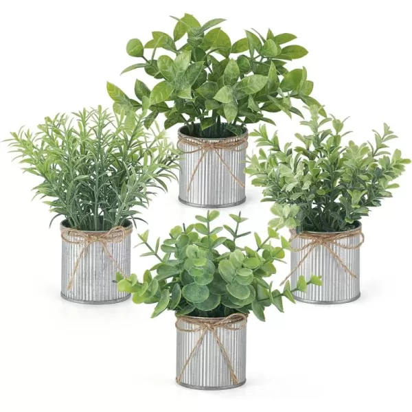 Mkono 4 Packs Small Fake Plants in Farmhouse Galvanized Pots Table Centerpiece Mini Potted Artificial Plants Faux Eucalyptus for Shelf Office Rustic Home Decor