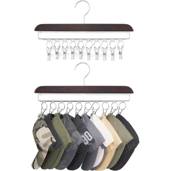 Mkono Hat Hangers for Closet Set of 2 Wooden Hat Organizer Racks for Baseball Caps with 20 Stainless Steel Clips Baseball Hat Holder for Closet Storage Fits All Caps Walnut ColorWalnut Color