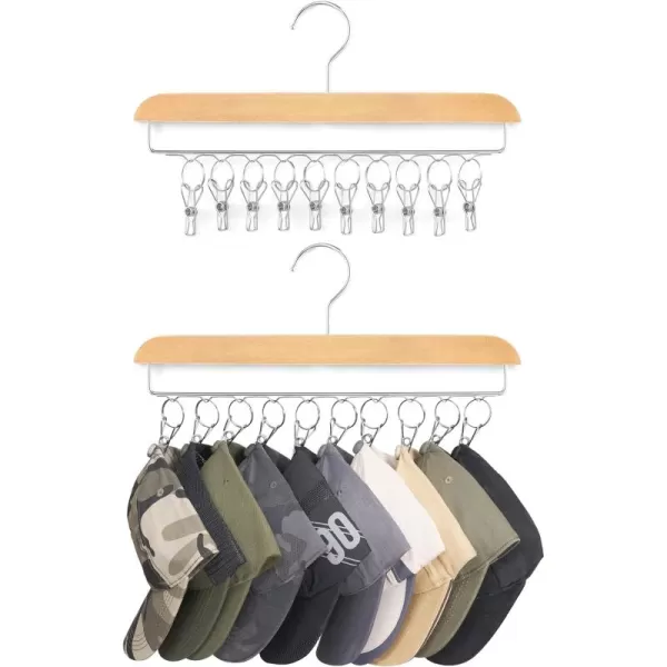 Mkono Hat Hangers for Closet Set of 2 Wooden Hat Organizer Racks for Baseball Caps with 20 Stainless Steel Clips Baseball Hat Holder for Closet Storage Fits All Caps Walnut ColorWood Color