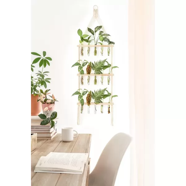 Mkono Macrame Plant Propagation Tubes 3 Tier Boho Wall Hanging Plant Terrarium Vase Indoor Glass Planter for Propagating Hydroponic Houseplants Home Office Wall Plant Decor Gifts for Women