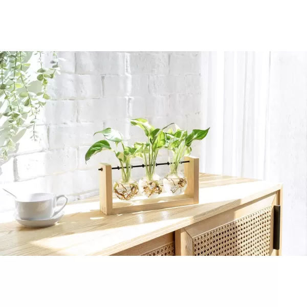 Mkono Plant Propagation Station with Wooden Stand Wall Hanging Glass Planter Tabletop Terrarium Bulb Vase for Hydroponics Plants Home Office DecorBeige