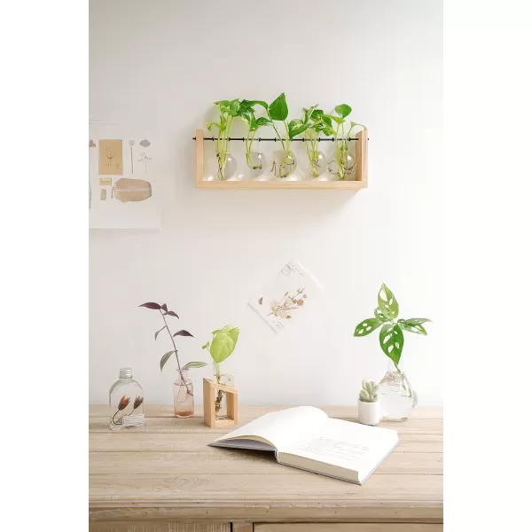 Mkono Plant Propagation Station with Wooden Stand Wall Hanging Glass Planter Tabletop Terrarium Bulb Vase for Hydroponics Plants Home Office DecorBeige