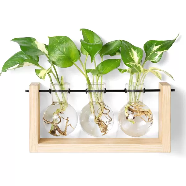 Mkono Plant Propagation Station with Wooden Stand Wall Hanging Glass Planter Tabletop Terrarium Bulb Vase for Hydroponics Plants Home Office DecorBeige